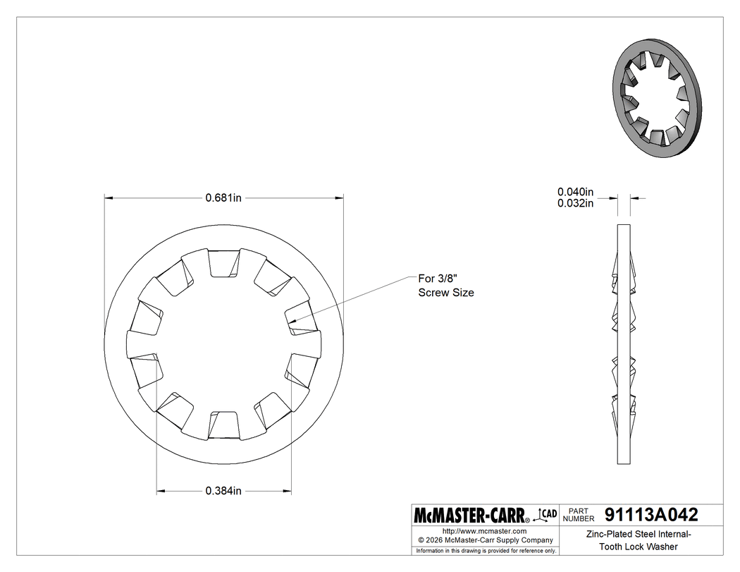 Technical Drawing of Zinc-Plated Steel Internal-Tooth Lock Washer, for 3/8" Screw Size, 0.384" ID, 0.681" OD.